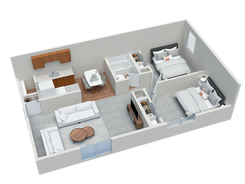 Floor plan for 2 beds, 1 bath, 766 sqft