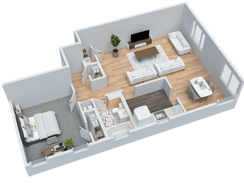 Floor plan for 1 bed, 1 bath, 735 sqft