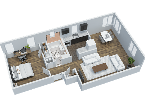 Floor plan for 1 bed, 1 bath, 636 sqft