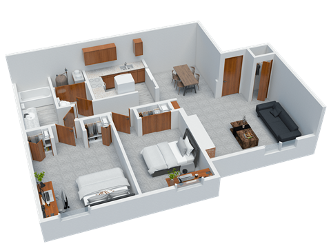 Floor plan for 2 beds, 1.5 baths, 852 sqft
