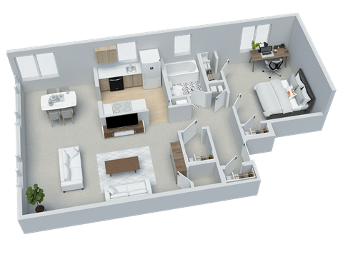Floor plan for 1 bed, 1 bath, 726 sqft