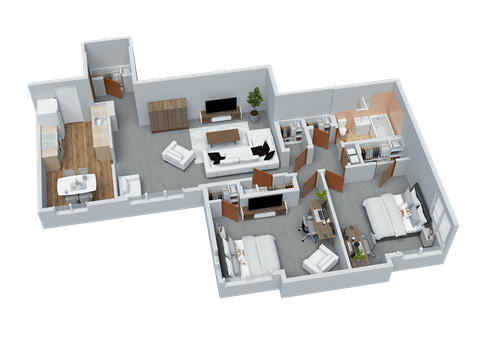 Floor plan for 2 beds, 1 bath, 935 sqft