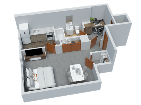 Floor plan for 1 bed, 1 bath, 412 sqft