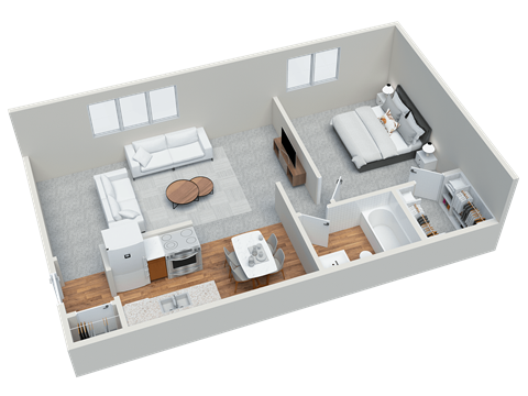 Floor plan for 1 bed, 1 bath, 626 sqft