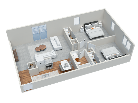 Floor plan for 2 beds, 1 bath, 764 sqft