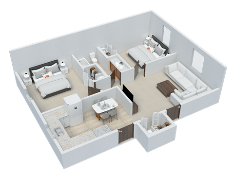 Floor plan for 2 beds, 1 bath, 676 sqft