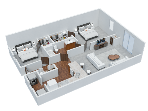 Floor plan for 2 beds, 1 bath, 864 sqft