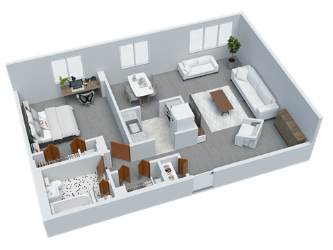 Floor plan for 1 bed, 1 bath, 740 sqft