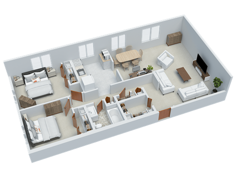 Floor plan for 2 beds, 1 bath, 905 sqft