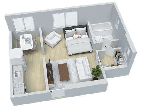 Floor plan for studio, 1 bath, 385 sqft