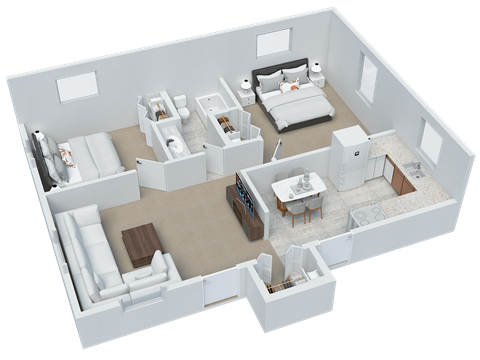 Floor plan for 2 beds, 1 bath, 686 sqft