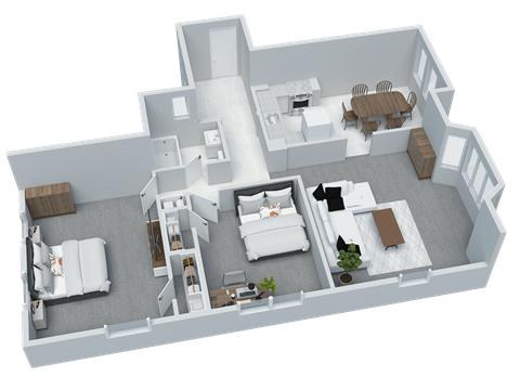 Floor plan for 2 beds, 1 bath, 999 sqft