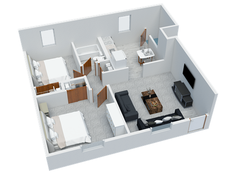 Floor plan for 2 beds, 1 bath, 607 sqft