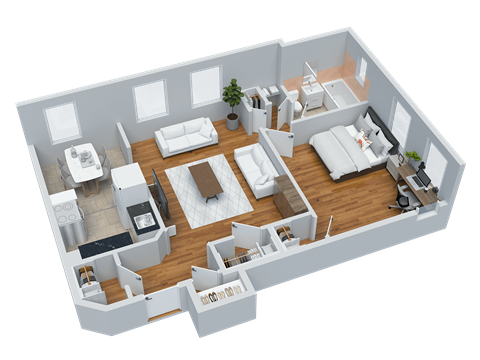 Floor plan for 1 bed, 1 bath, 638 sqft