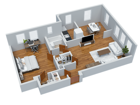 Floor plan for 1 bed, 1 bath, 711 sqft