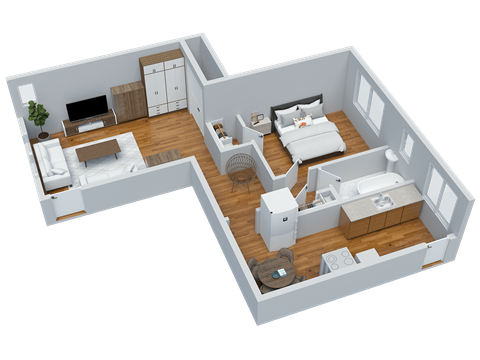 Floor plan for 1 bed, 1 bath, 668 sqft