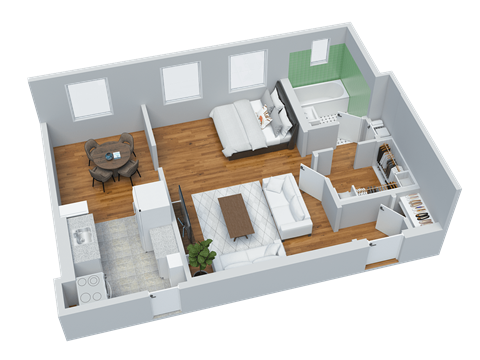 Floor plan for studio, 1 bath, 526 sqft