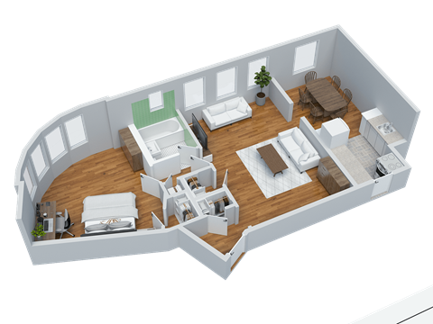 Floor plan for 1 bed, 1 bath, 622 sqft