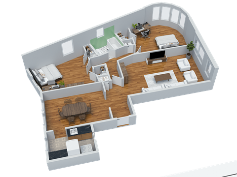 Floor plan for 2 beds, 1 bath, 1076 sqft