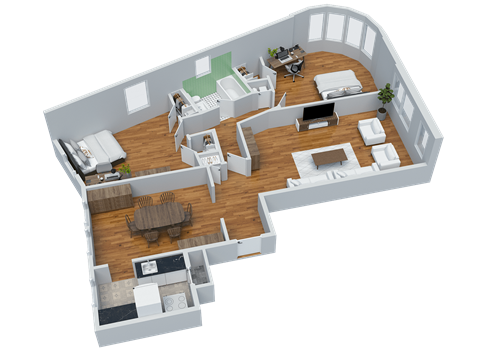 Floor plan for 2 beds, 1 bath, 1076 sqft
