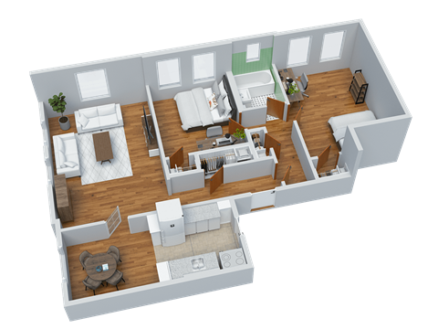 Floor plan for 2 beds, 1 bath, 840 sqft