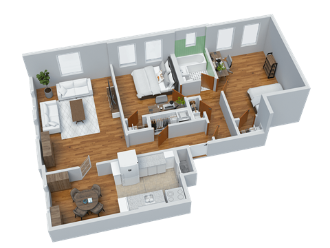 Floor plan for 2 beds, 1 bath, 840 sqft