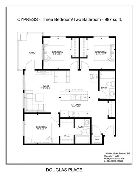 Floor plan for 3 beds, 2 baths, 987 sqft