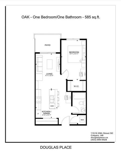 Floor plan for 1 bed, 1 bath, 585 sqft