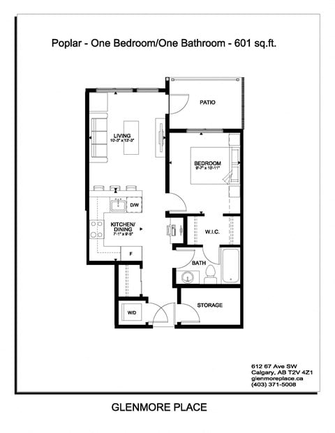 Floor plan for 1 bed, 1 bath, 601 sqft
