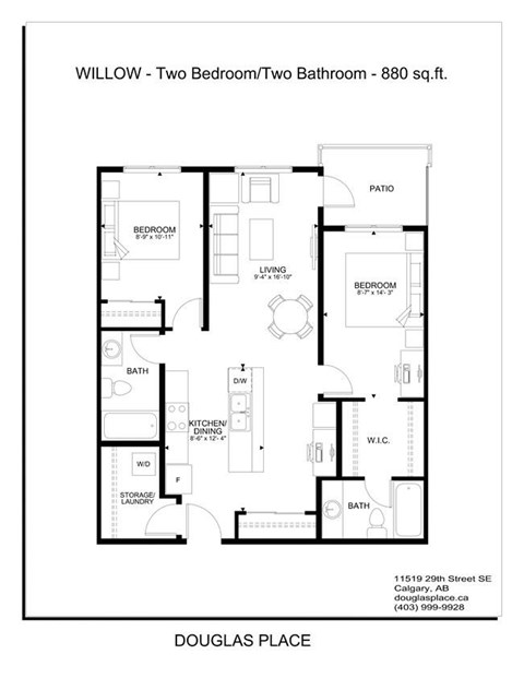 Floor plan for 2 beds, 2 baths, 880 sqft