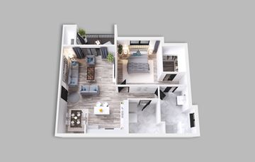 Jeffersonville apartment for rent - A top-down view of a modern apartment layout with a kitchen, living room, and bedrooms.