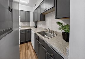 Bethesda townhouse for rent - A kitchen with a stainless steel refrigerator and black cabinets.
