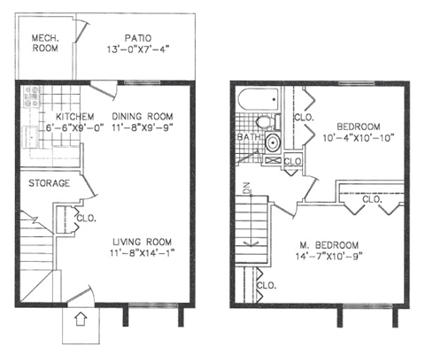 Floor plan for 2 beds, 1 bath, 854 sqft