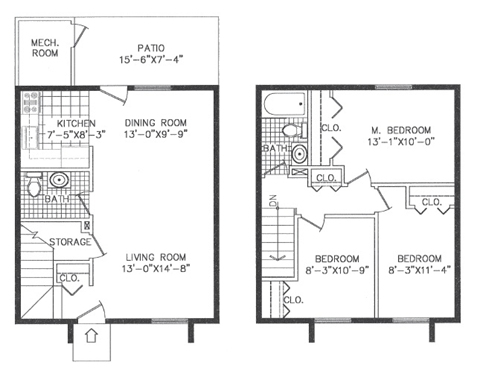 Floor plan for 3 beds, 1.5 baths, 948 sqft
