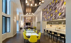 Silver Spring apartment for rent - A modern dining room with a long table and yellow chairs.