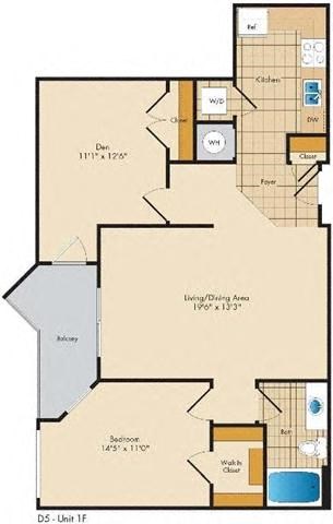 Floor plan for 1 bed, 1 bath, 975 sqft