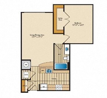 Floor plan for 1 bed, 1 bath, 705 sqft