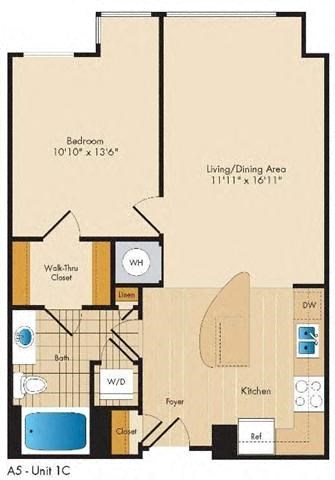Floor plan for 1 bed, 1 bath, 732 sqft
