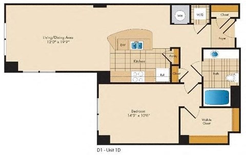 Floor plan for 1 bed, 1 bath, 856 sqft