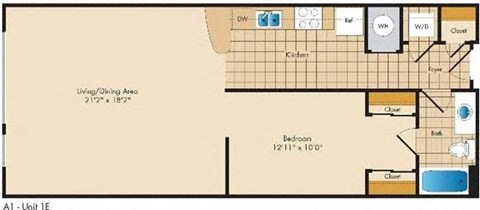 Floor plan for 1 bed, 1 bath, 888 sqft