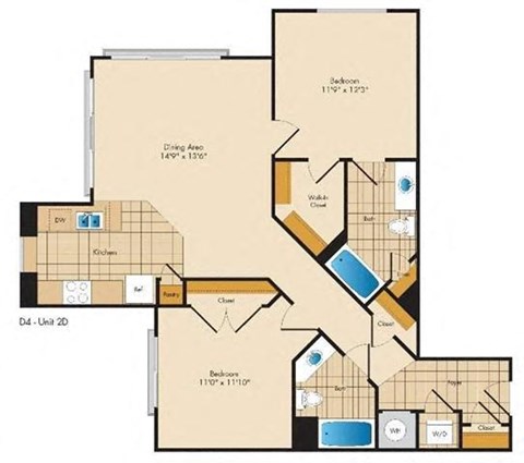 Floor plan for 2 beds, 2 baths, 1022 sqft