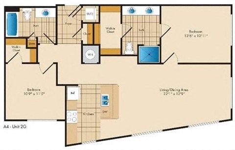 Floor plan for 2 beds, 2 baths, 1090 sqft