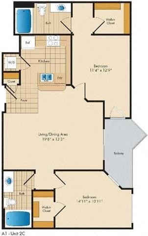 Floor plan for 2 beds, 2 baths, 1061 sqft
