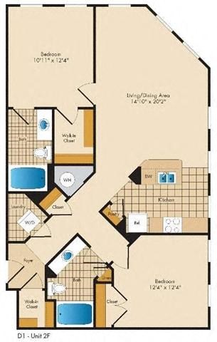 Floor plan for 2 beds, 2 baths, 1118 sqft