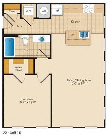 Floor plan for 1 bed, 1 bath, 707 sqft