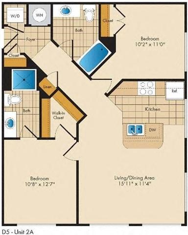Floor plan for 2 beds, 2 baths, 927 sqft