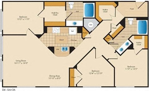 Floor plan for 3 beds, 2 baths, 1411 sqft