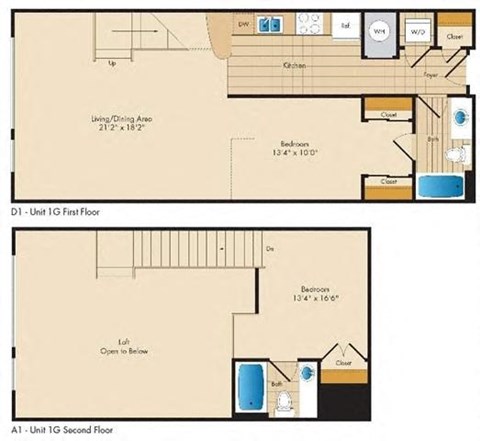 Floor plan for 1 bed, 2 baths, 1121 sqft