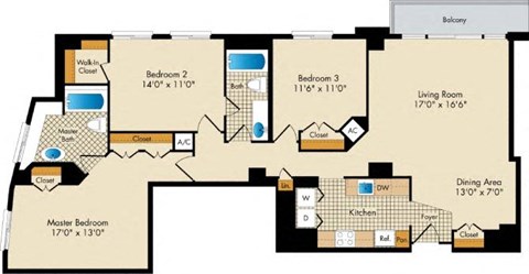 Floor plan for 3 beds, 2 baths, 1380 sqft