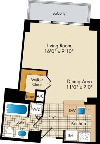 Floor plan for studio, 1 bath, 455 sqft